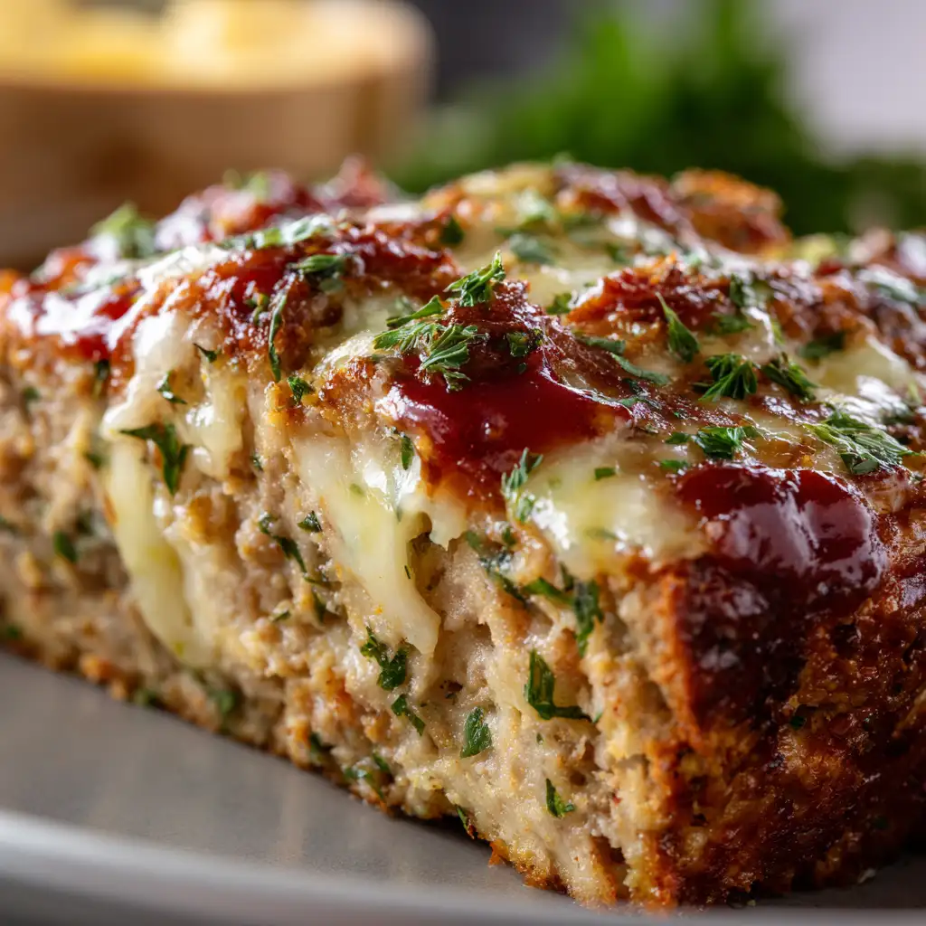 Close-up of Italian meatloaf slice showing tender texture with melted mozzarella and herbs