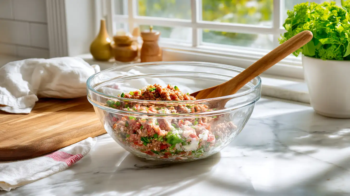Mixing Italian meatloaf ingredients in a large glass bowl with wooden spoon on marble counter