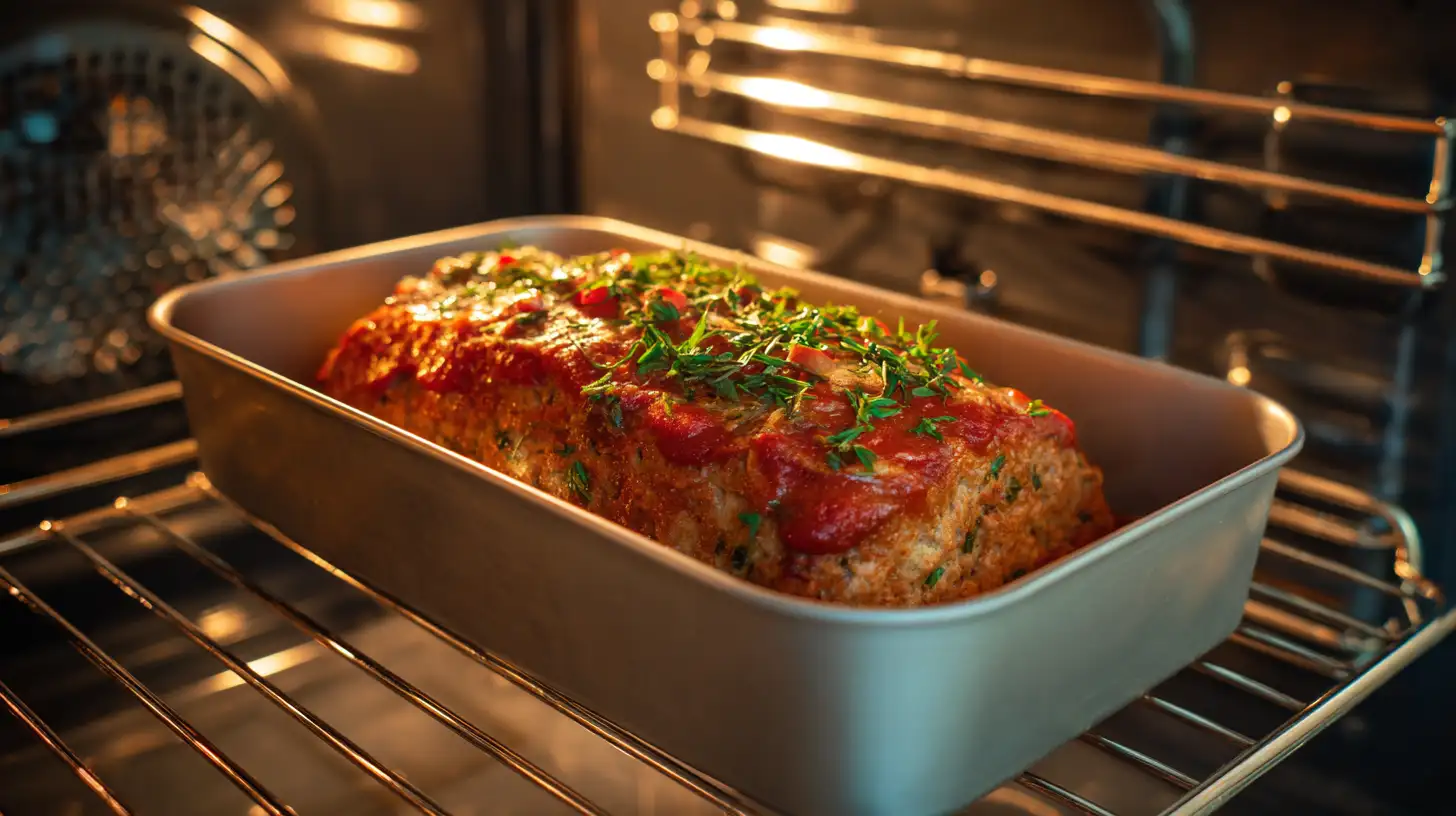 Italian meatloaf in loaf pan covered with marinara sauce ready to bake in modern oven