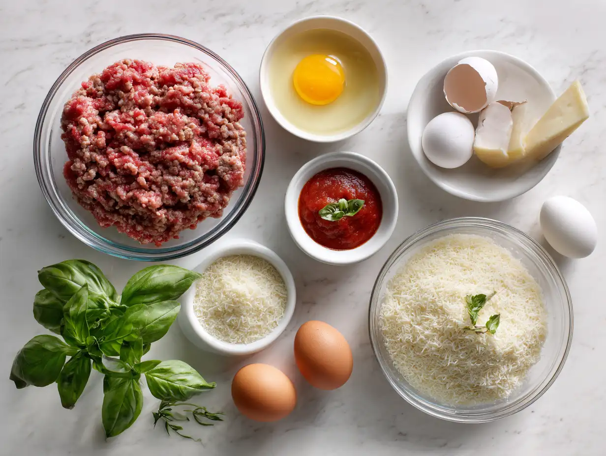Italian meatloaf ingredients including ground beef, panko breadcrumbs, Parmesan cheese, marinara sauce, and fresh herbs on white marble
