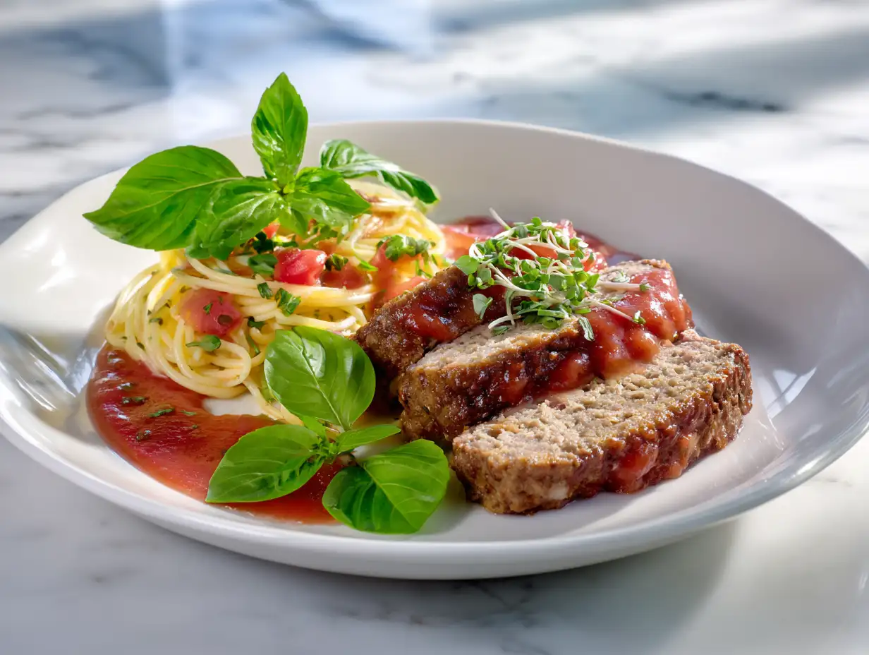 Sliced Italian meatloaf served on white plate with spaghetti marinara and fresh basil garnish
