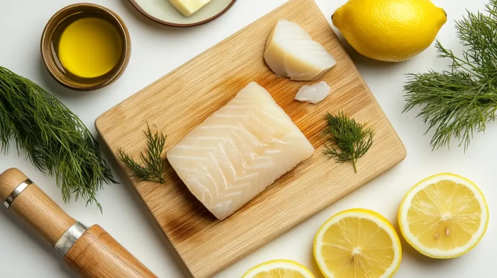 Fresh cod fillets, lemon slices, and dill displayed on a wooden cutting board.