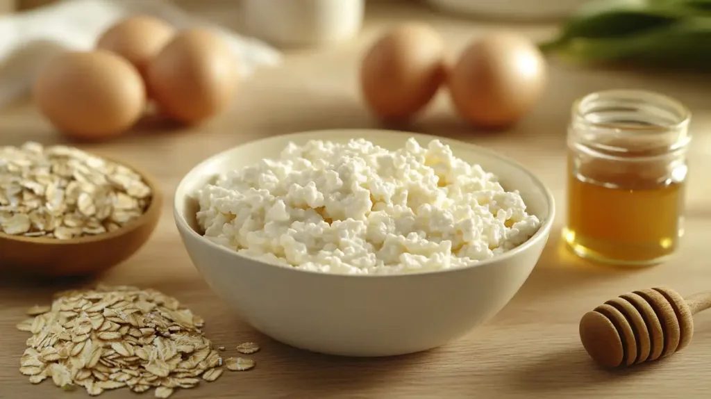 High-protein cottage cheese pancakes ingredients eggs oats cottage cheese on white marble countertop