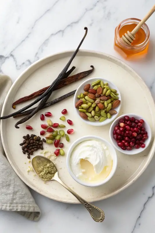 Vanilla bean paste recipe ingredients flat lay