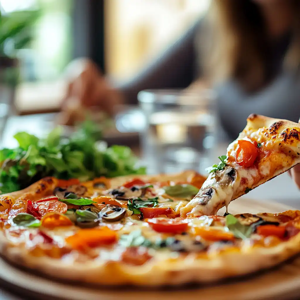 Person smiling and enjoying slice of thin crust pizza at dining table with salad on white marble counter