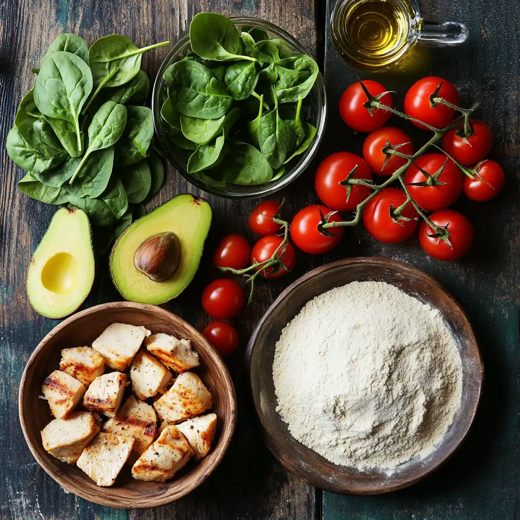 Healthy pizza ingredients including whole wheat flour, fresh vegetables, lean chicken and avocado on white marble counter