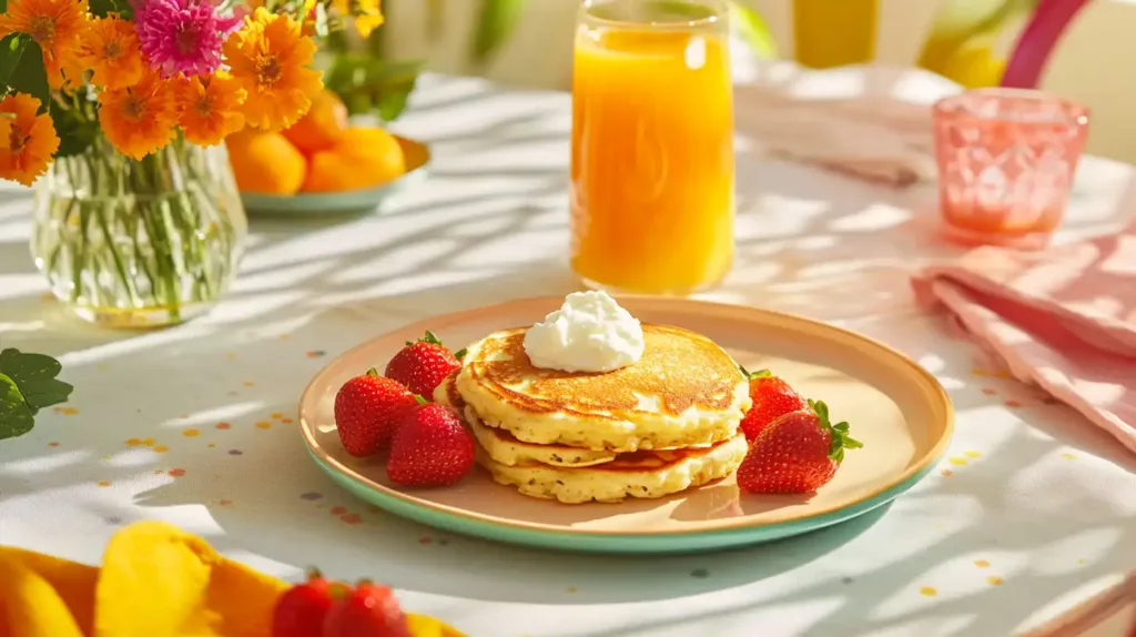 High-protein cottage cheese pancakes brunch platter with fresh juice fruit on white marble
