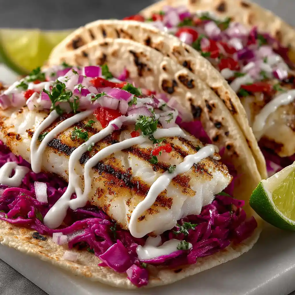 Traditional Mexican tacos pescado with white grilled fish, purple cabbage, and creamy toppings