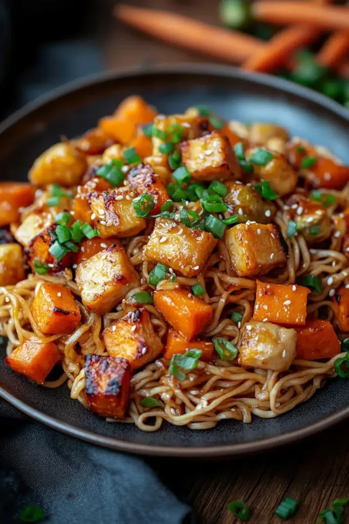 A beautifully plated dish of griddle lo mein with a side of fresh herbs and sesame seeds