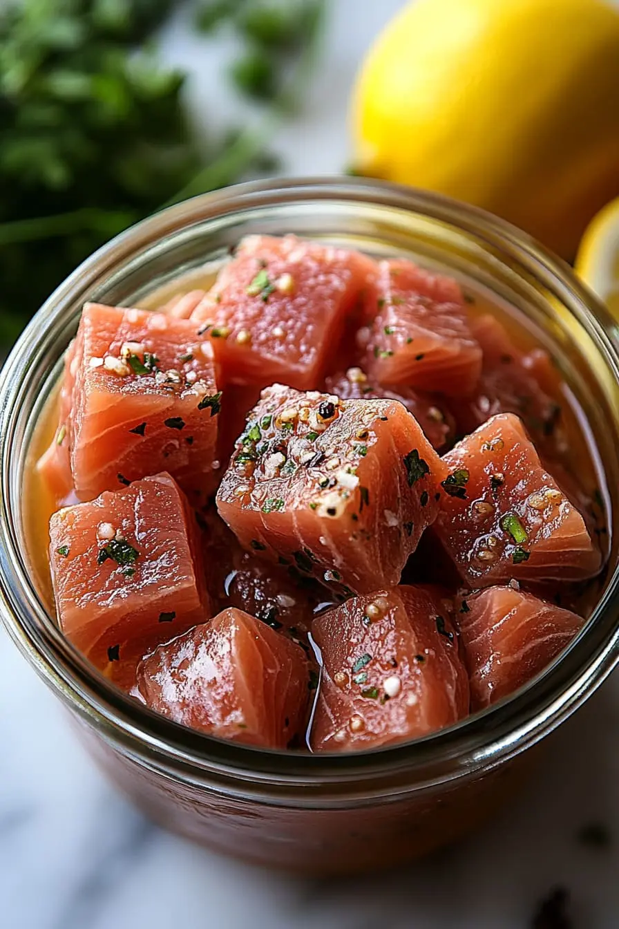 Fresh ahi tuna pieces soaking in a brine solution with peppercorns.