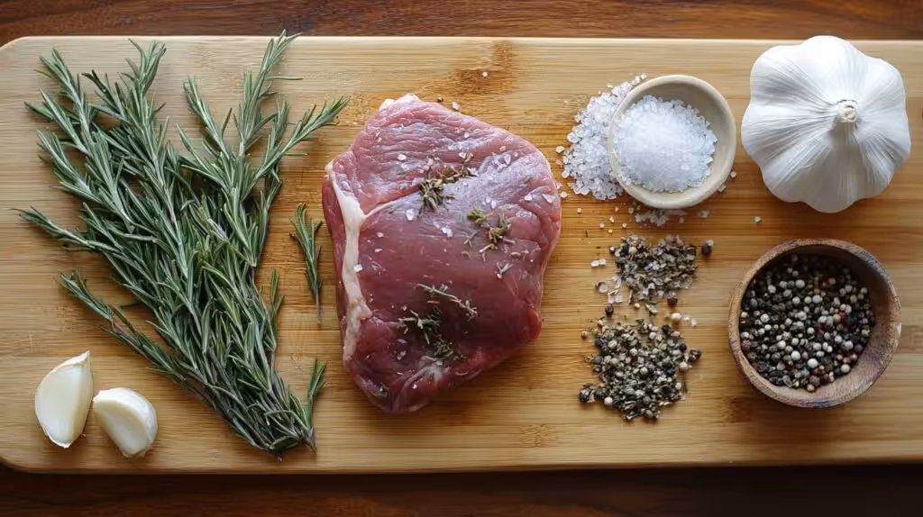Raw arm roast with fresh herbs and spices on a wooden cutting board