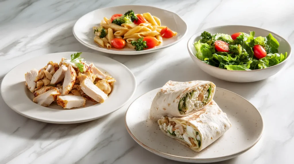 Hero image for the Quick & Easy Meals Guide featuring four simple and fast meal variations on a white marble countertop.