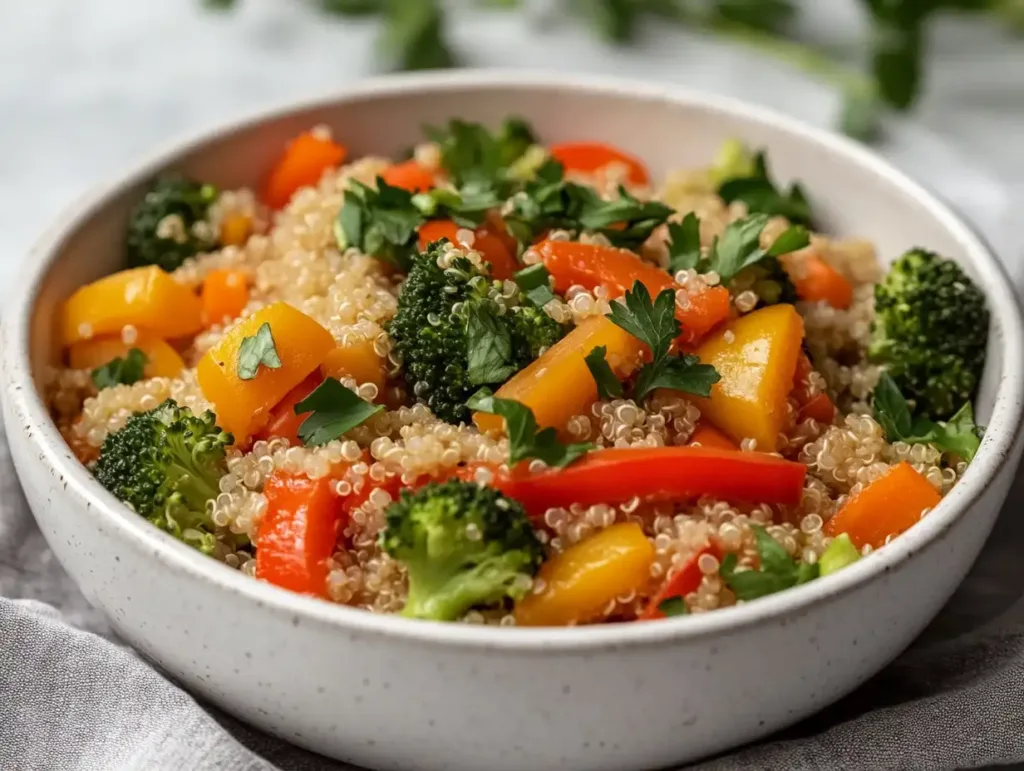 Bowl quinoa stir-fry colorful vegetables herbs