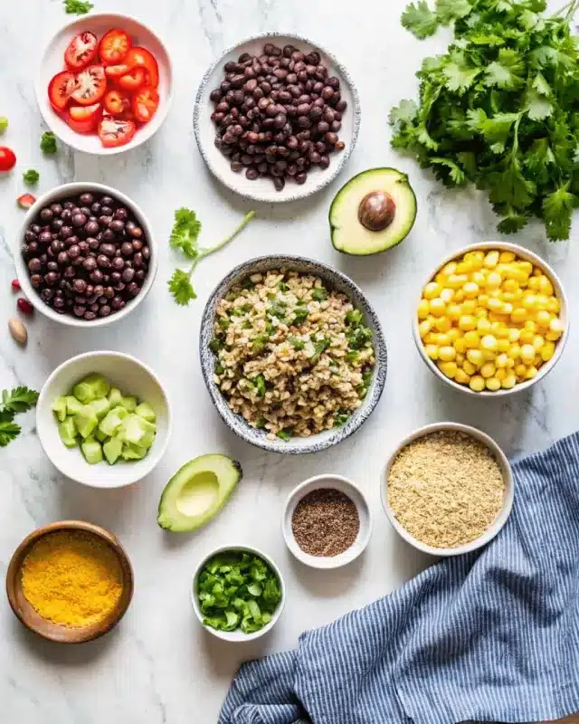 Ingredients for best quinoa salad with avocado black beans corn tomatoes cilantro on white marble