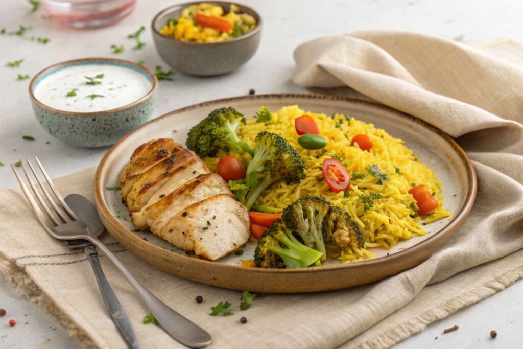 Saffron rice served with grilled chicken and colorful vegetables on white plate showing balanced meal