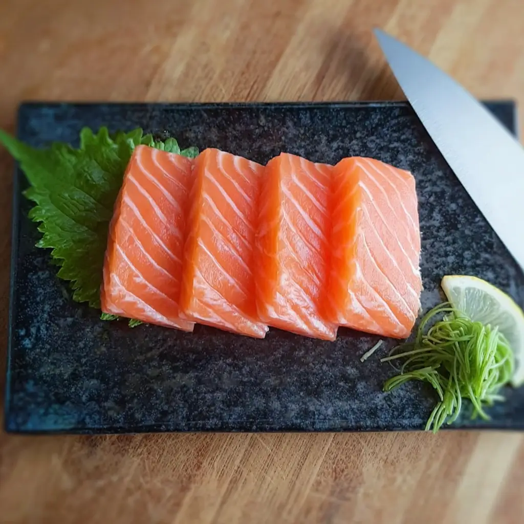 Sliced sushi-grade salmon for homemade sushi rolls
