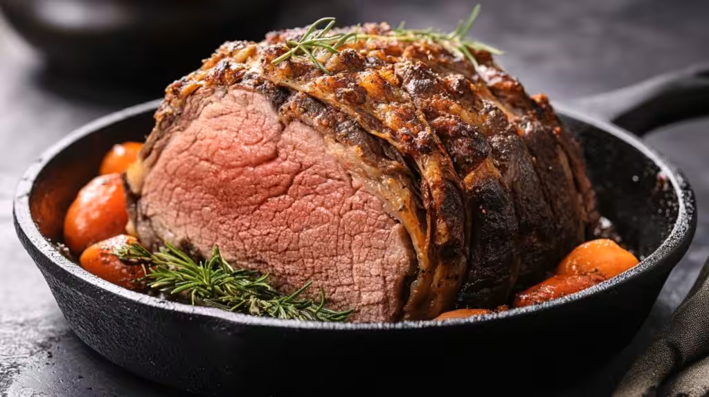 Sizzling arm roast in a cast iron skillet with golden-brown crust