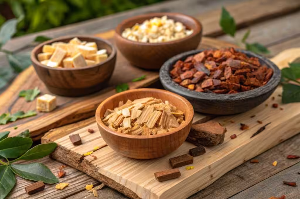 A collection of wood chips for smoking food Variety Of Wood Chips Including Hickory Applewood Mesquite For Smoking