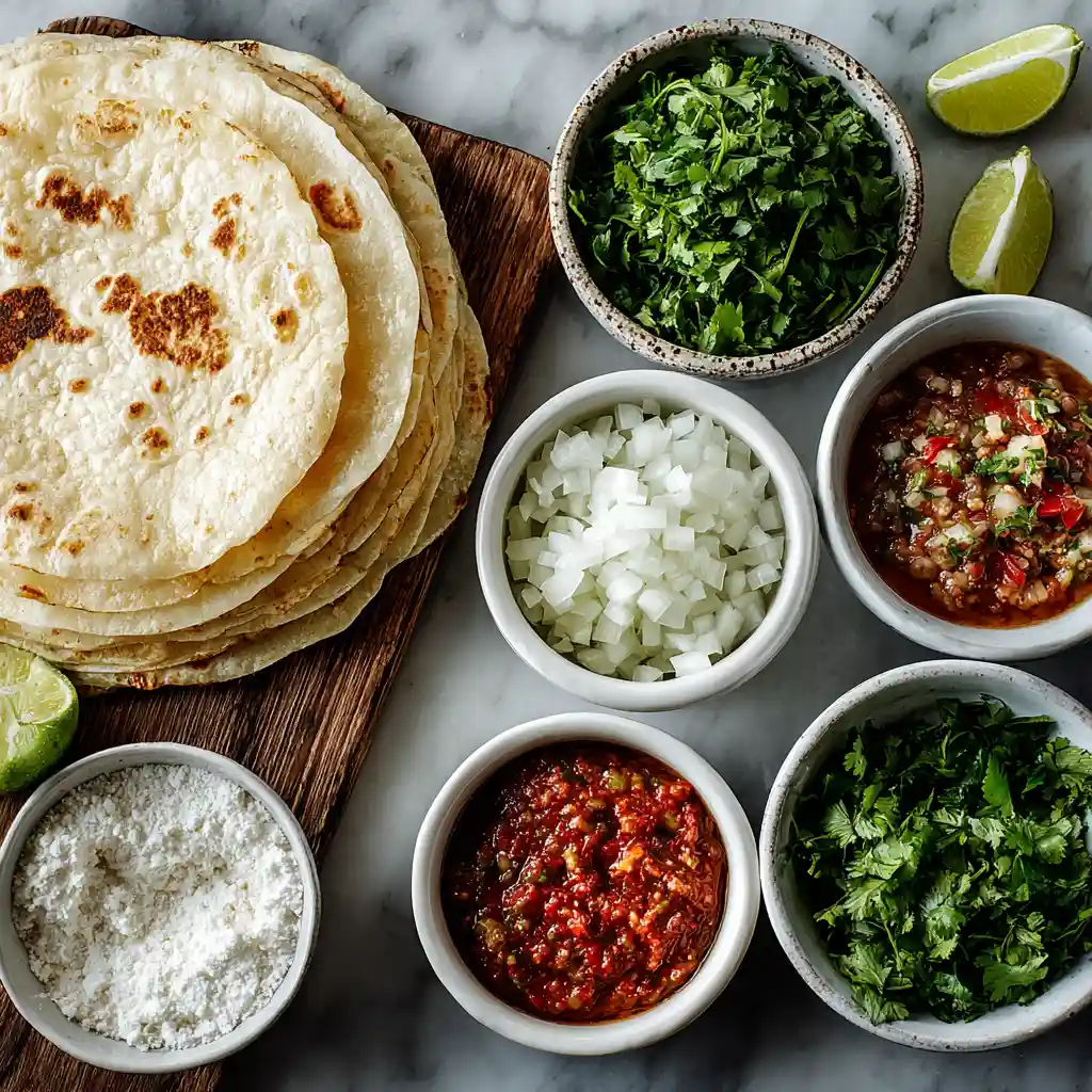 Traditional Mexican tacos ingredients and toppings setup on marble counter
