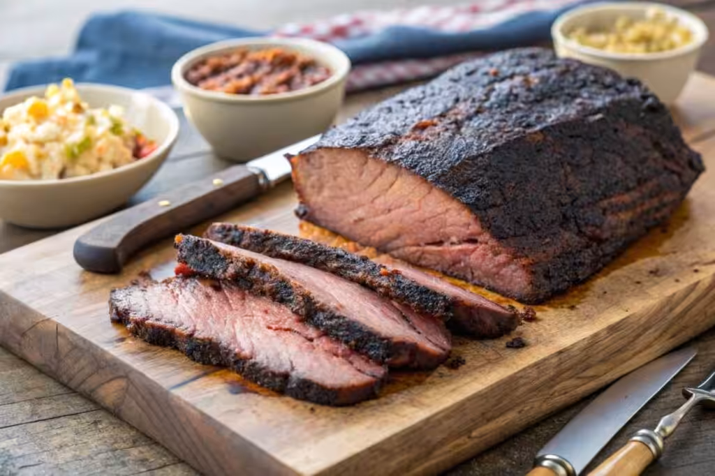 A perfectly smoked beef brisket with crispy bark Perfectly Smoked Beef Brisket With Dark Crispy Bark Sliced On Board