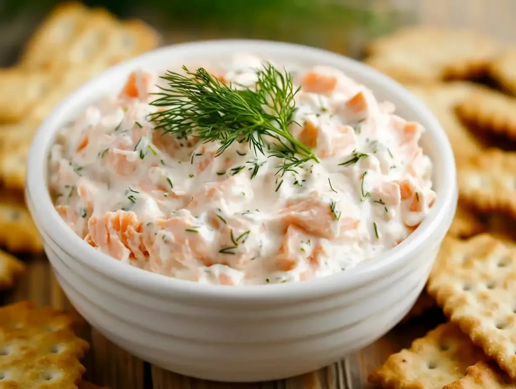 A creamy smoked salmon dip served in a small bowl, surrounded by crackers and fresh herbs.