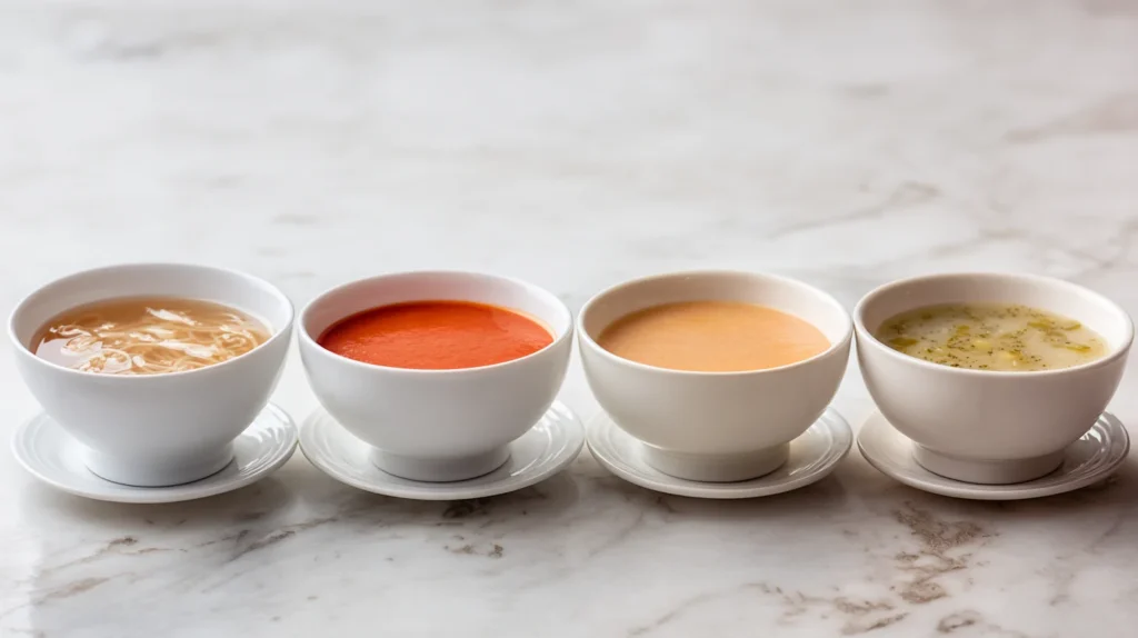 Hero image for Soup Recipes Guide featuring four clean soup variations on a white marble countertop.