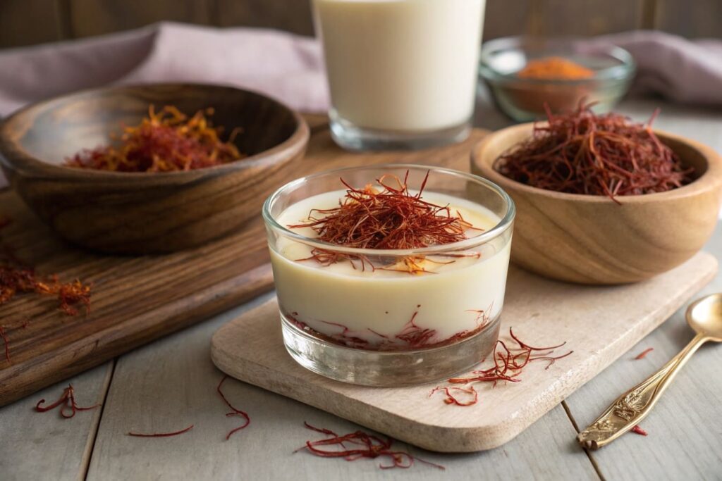 Saffron threads steeping in warm water creating golden color in glass bowl on white marble counter