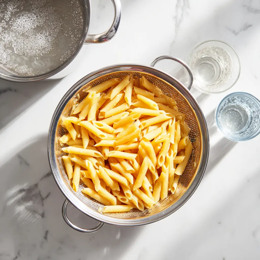 Creamy Marry Me Chicken Pasta penne cooked al dente and drained