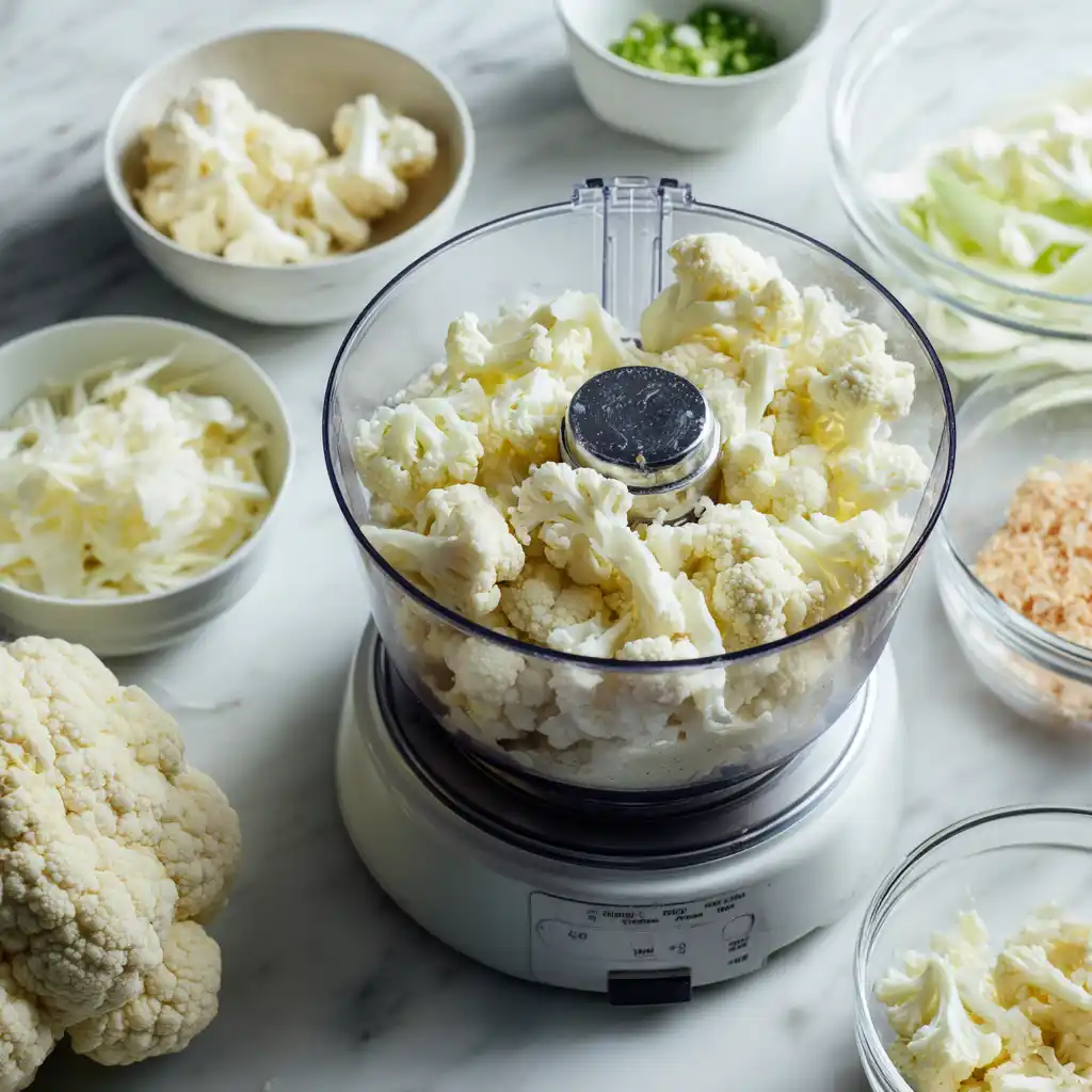 Grating cauliflower for BBQ Chicken Pizza on Cauliflower Crust