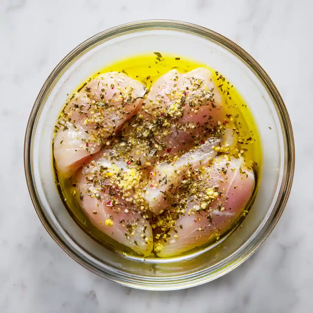 Chicken Caesar Salad step 1 – raw chicken breasts marinating with olive oil, garlic, oregano, and lemon juice on white marble