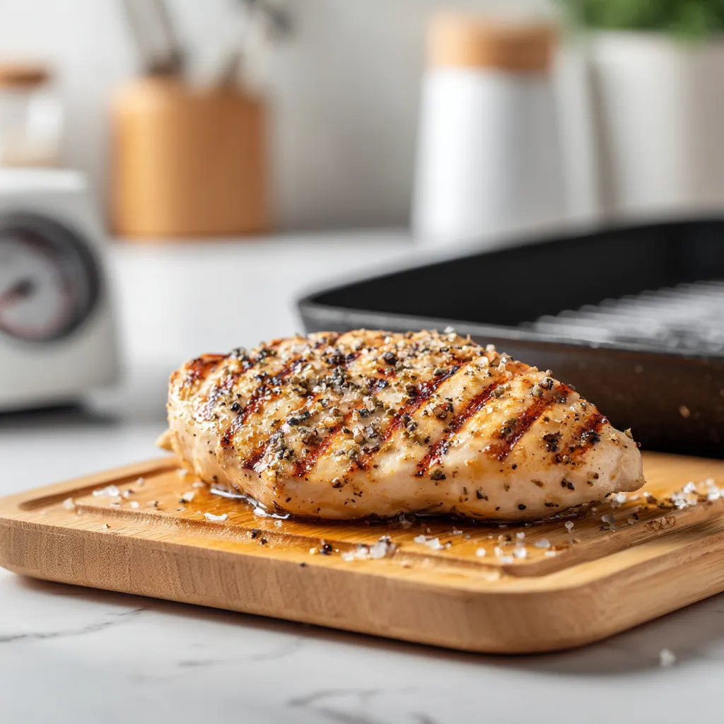 Grilled Chicken Caesar Wrap Step 1 — seasoned chicken breast grilling and resting on board