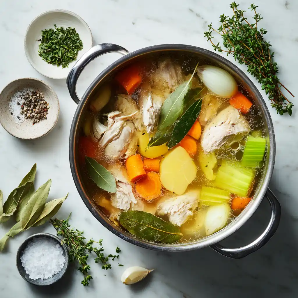 Classic Chicken Soup Recipe vegetables and herbs added: carrots, celery, onion, garlic, bay, thyme, parsley