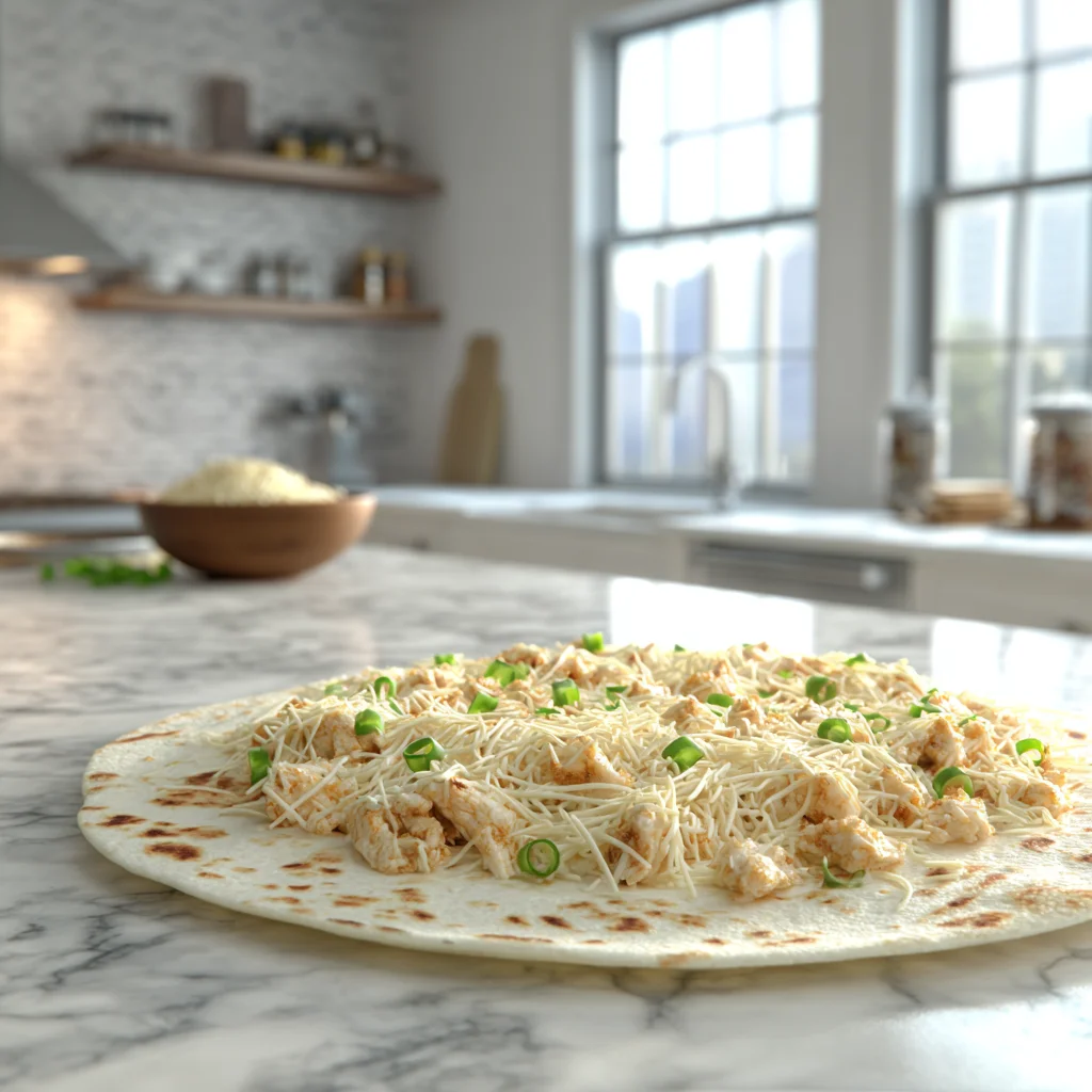 Assembling cheesy garlic chicken wraps on a tortilla