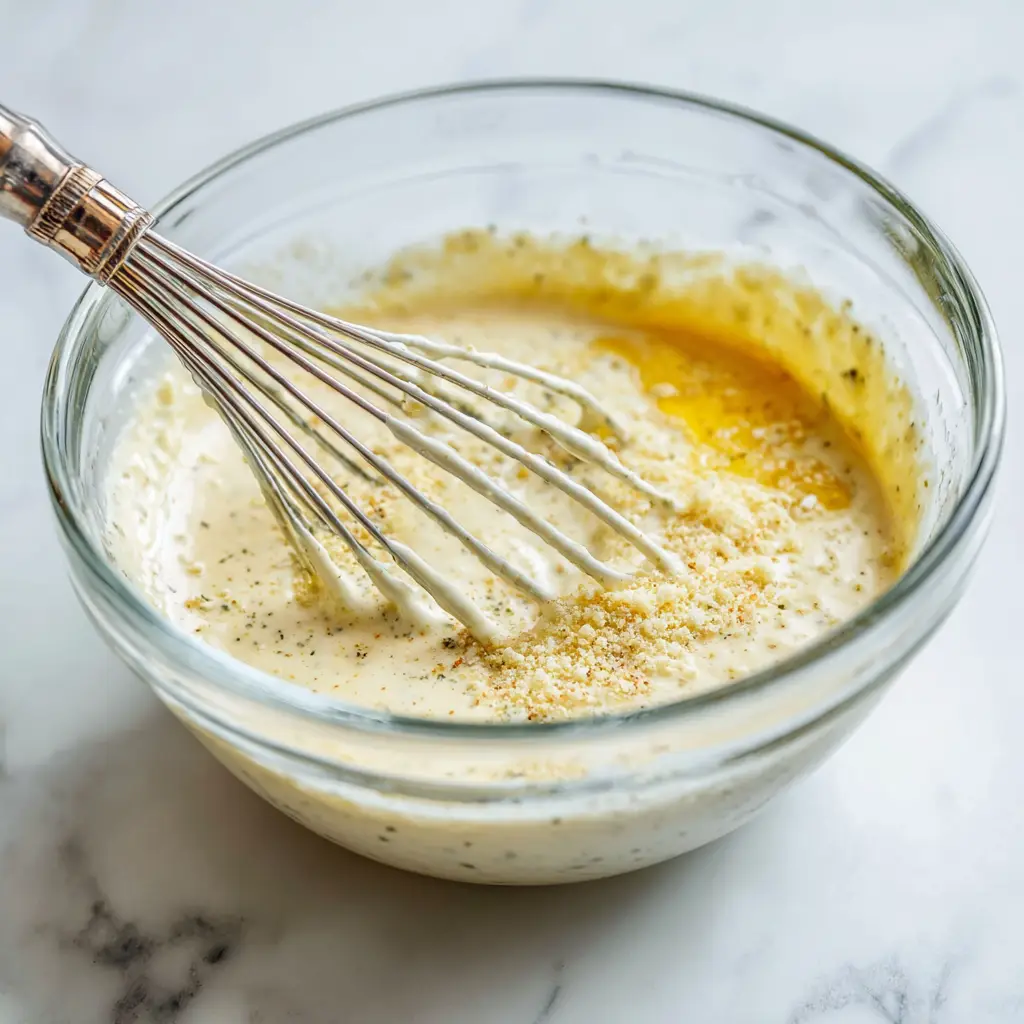 Chicken Caesar Salad step 2 – mixing homemade Caesar dressing with mayonnaise, parmesan, lemon juice, garlic, and Dijon mustard