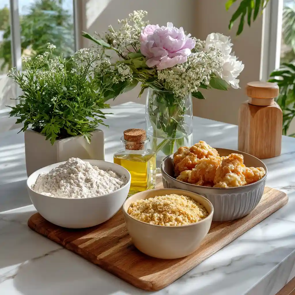 Breading station with flour, plant milk mix, and seasoned breadcrumbs for Vegan Eggplant Parmesan
