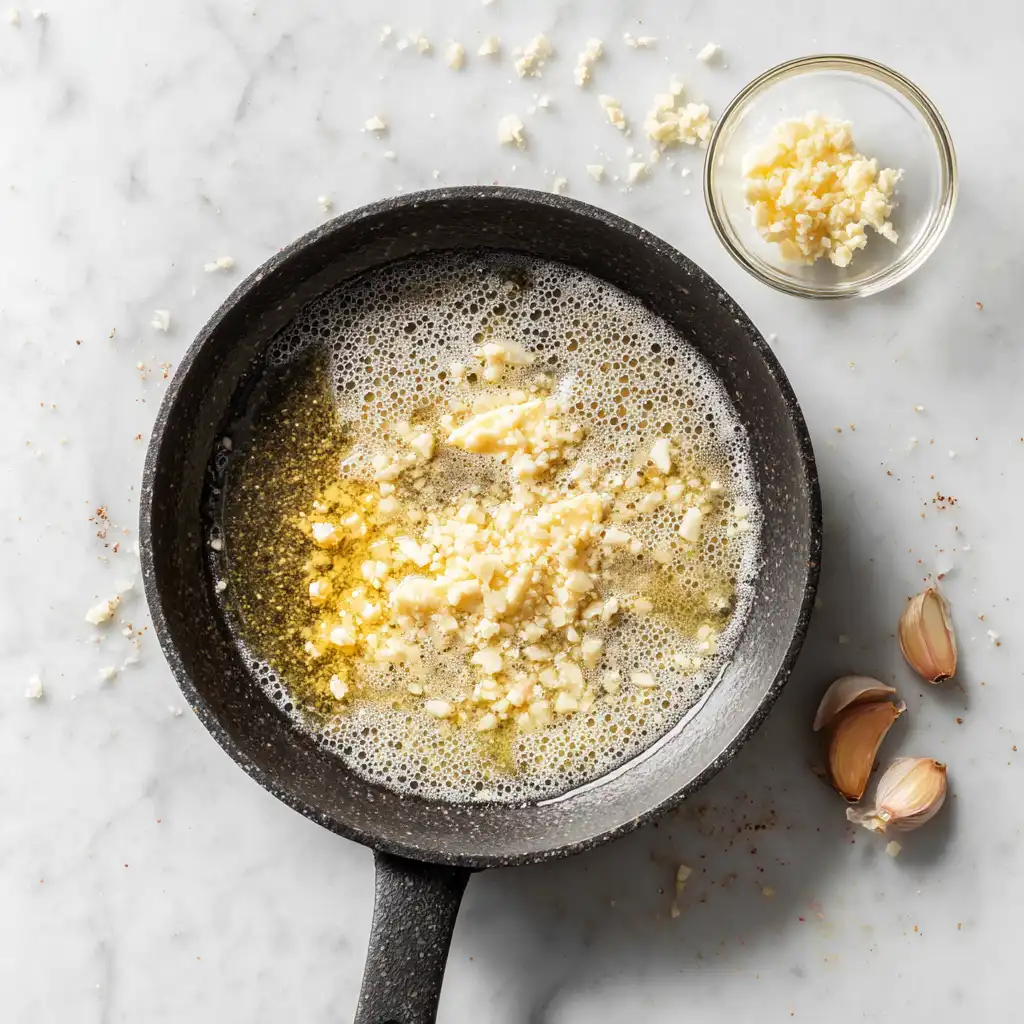 Creamy Marry Me Chicken Pasta butter melting and garlic sautéing until fragrant