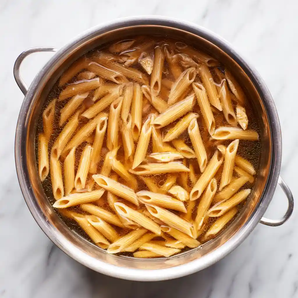 Whole wheat pasta submerged in broth with browned chicken for Weight Watchers Tuscan Chicken Pasta
