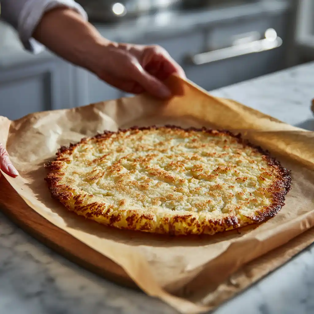 Cauliflower crust baking for BBQ Chicken Pizza on Cauliflower Crust