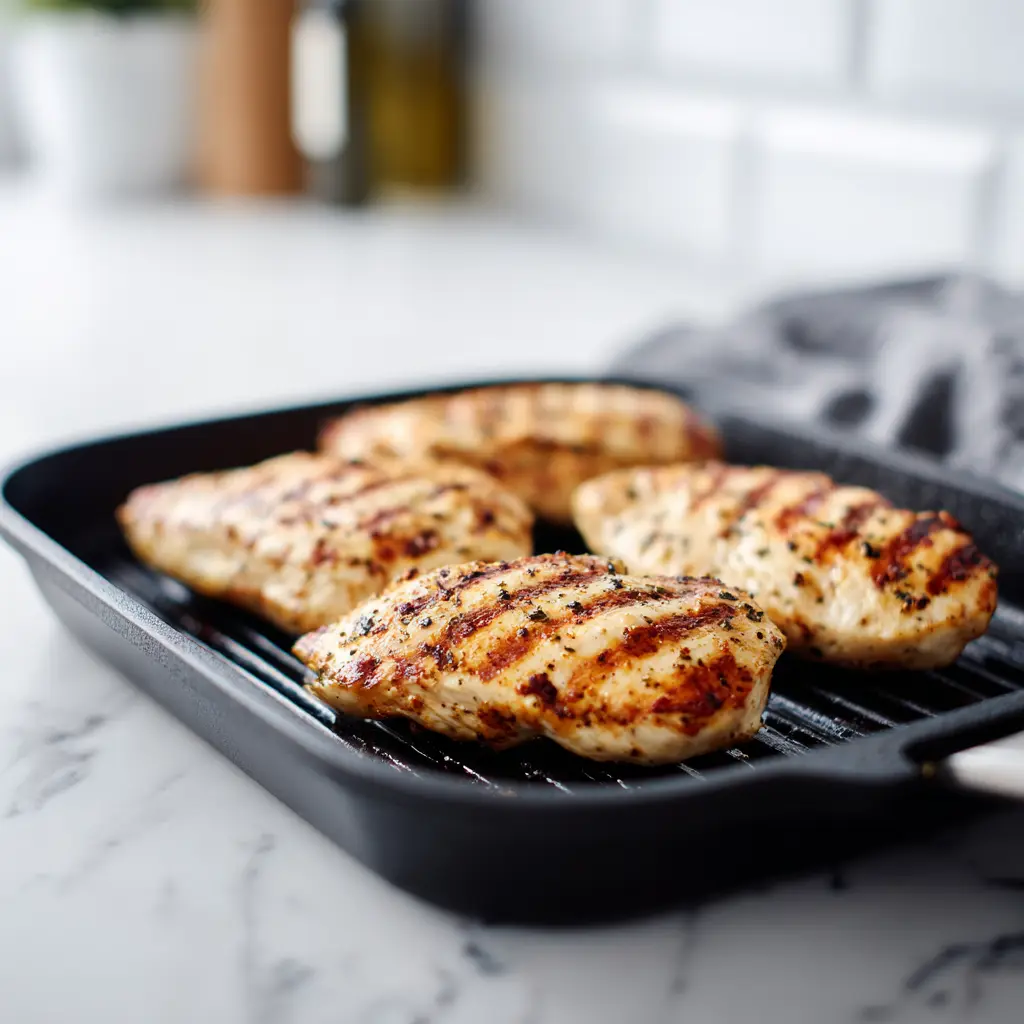 Chicken Caesar Salad step 3 – grilled chicken breasts with golden sear marks cooking on grill pan