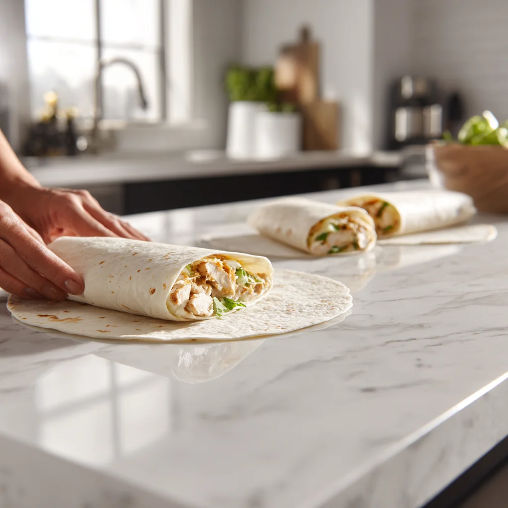 Rolling cheesy garlic chicken wraps on a white counter
