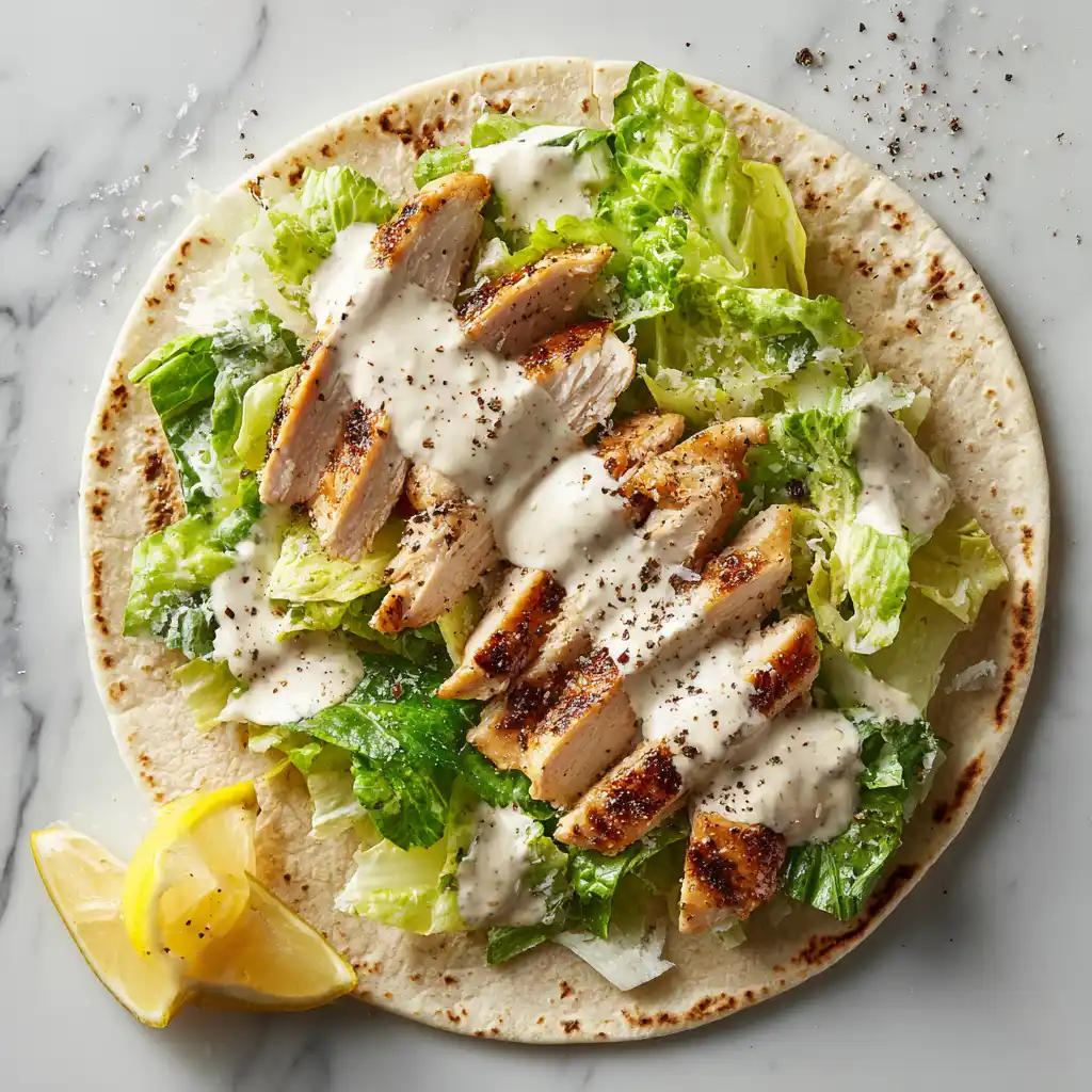Grilled Chicken Caesar Wrap Step 3 — assemble with romaine, sliced grilled chicken, light Caesar, grated Parmesan
