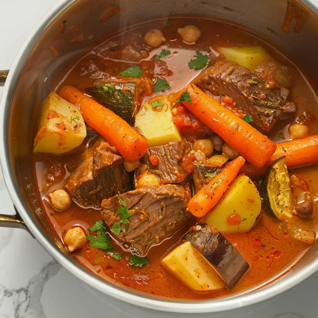 Authentic Moroccan couscous lamb chunks cooking with carrots potatoes zucchini and caramelized onions in heavy pot