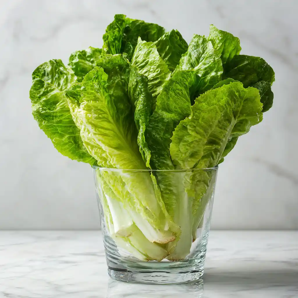 Chicken Caesar Salad step 4 – romaine lettuce leaves chilling in a bowl inside fridge before serving