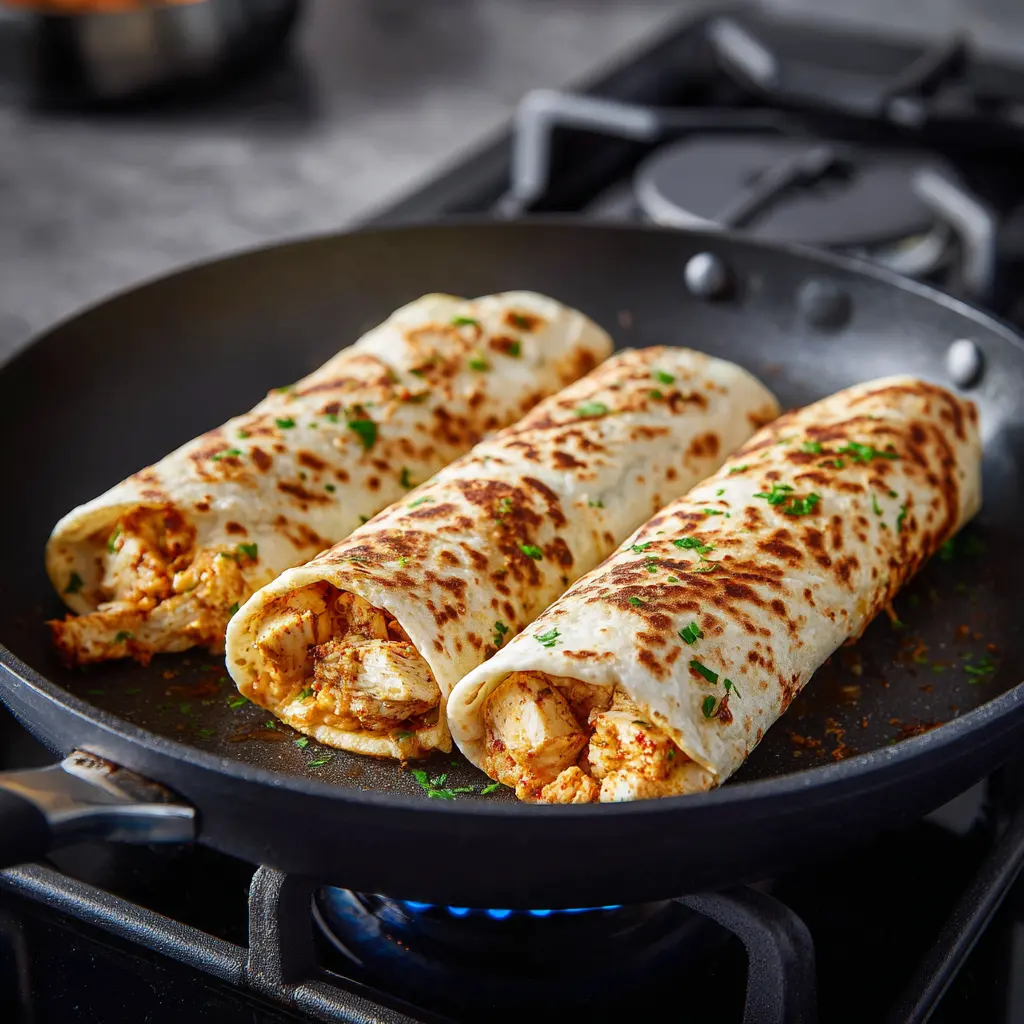 Cooking cheesy garlic chicken wraps in a pan
