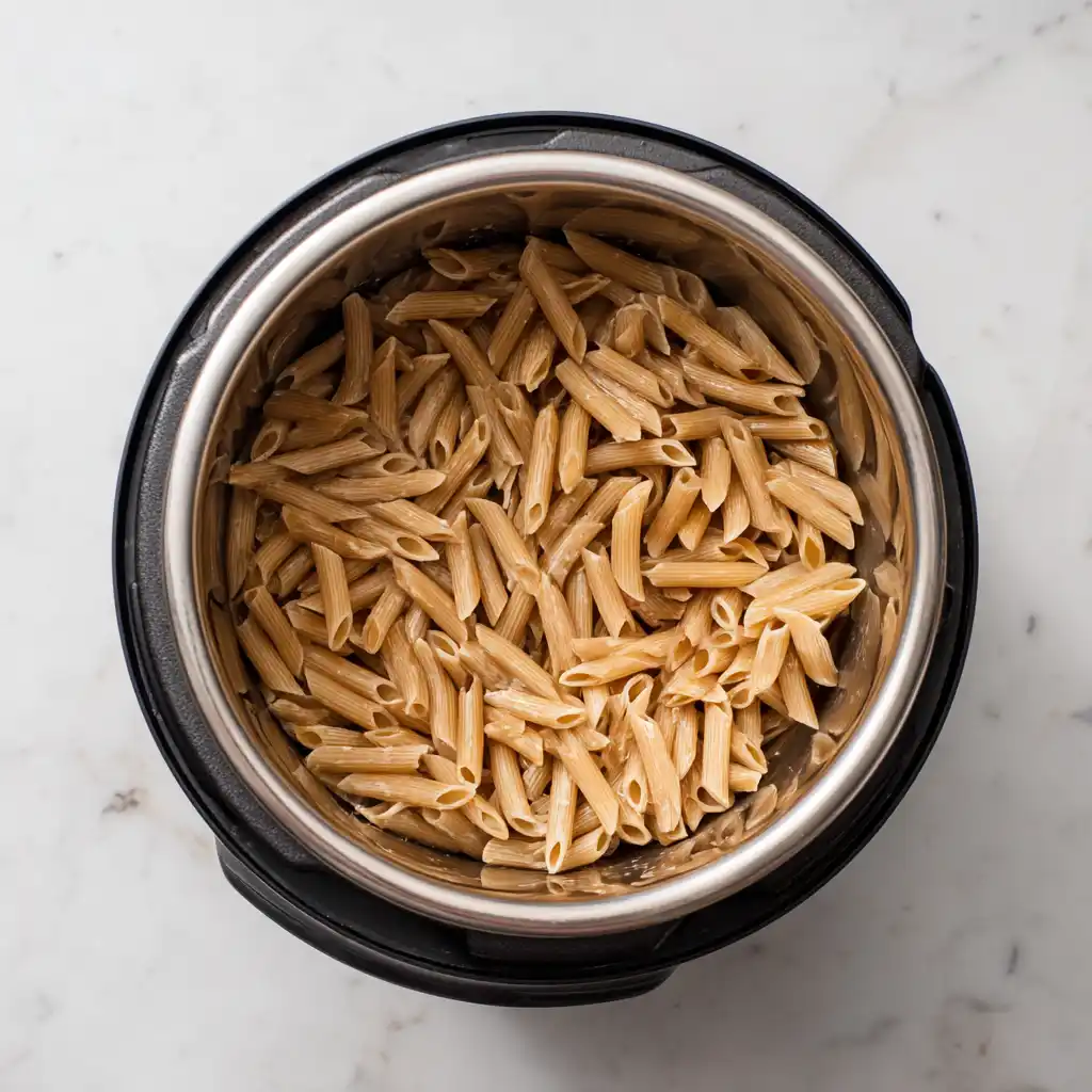 After pressure cooking, pasta and chicken tender with a little starchy liquid for Weight Watchers Tuscan Chicken Pasta