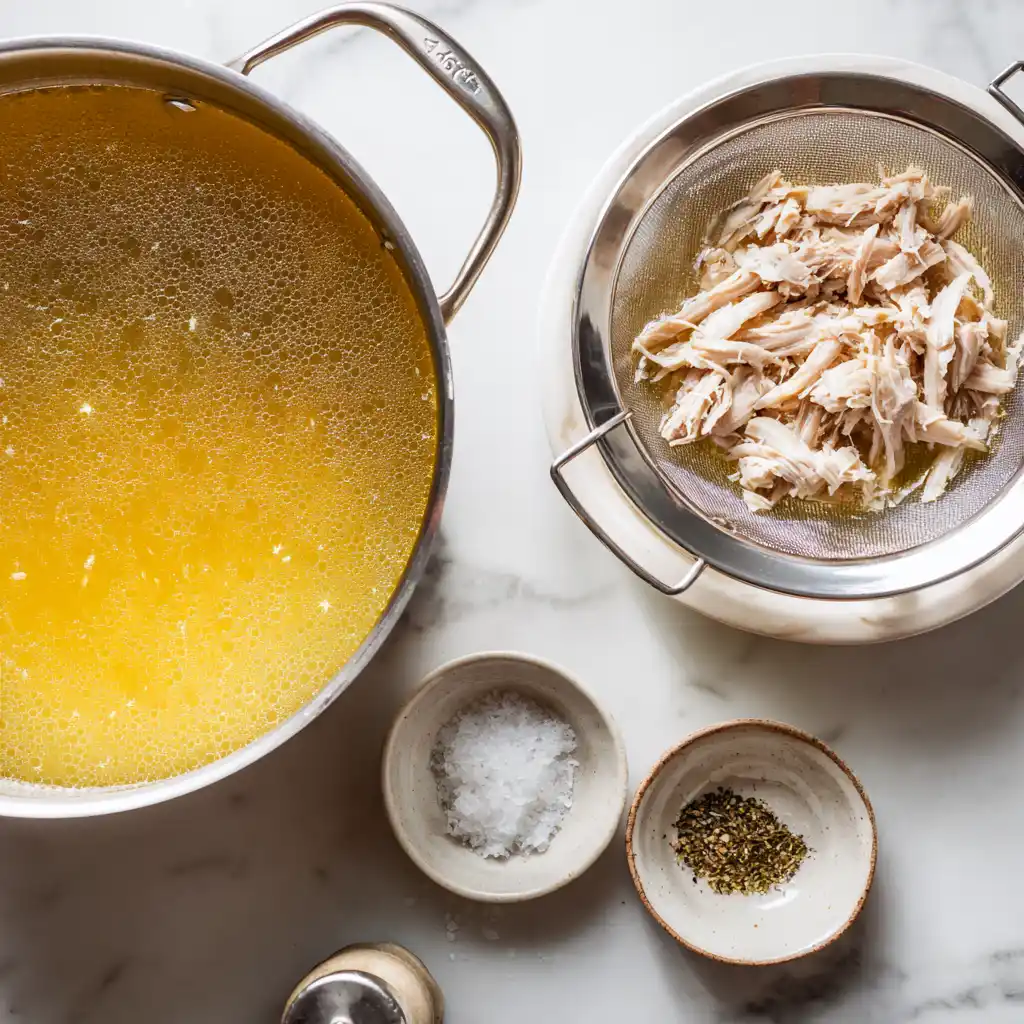 Classic Chicken Soup Recipe strained clear broth returned to pot with shredded chicken