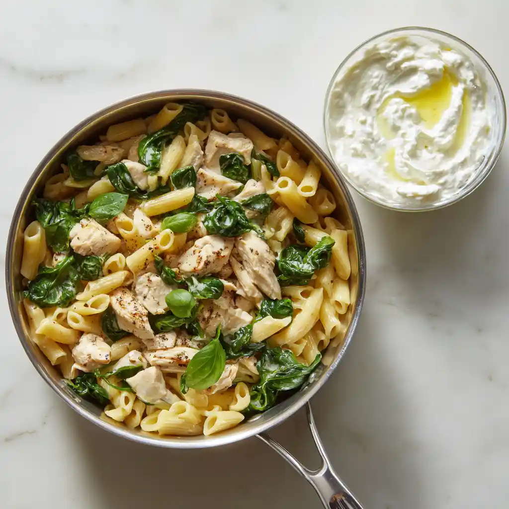 Spinach and basil wilting into Weight Watchers Tuscan Chicken Pasta while dairy sauce is tempered separately