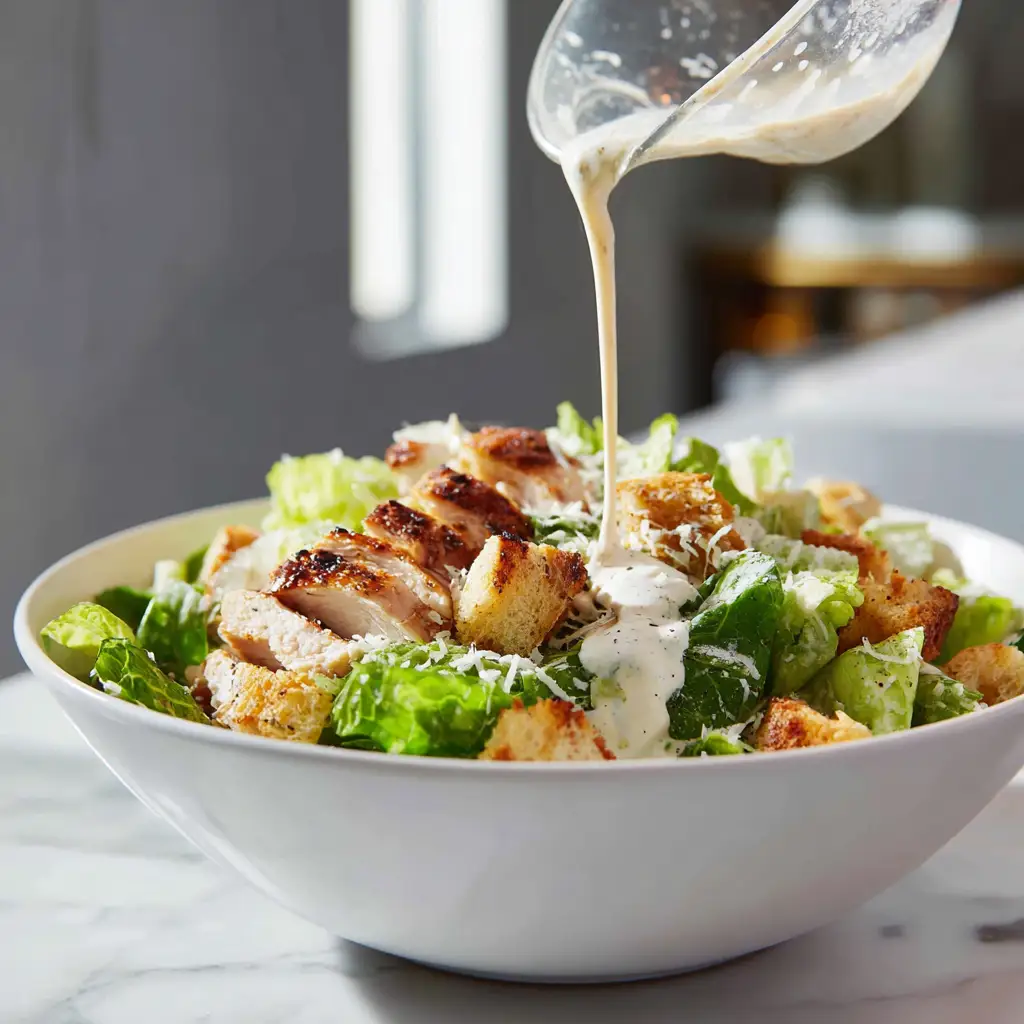 Chicken Caesar Salad step 5 – assembling salad with romaine, croutons, grilled chicken, and Caesar dressing