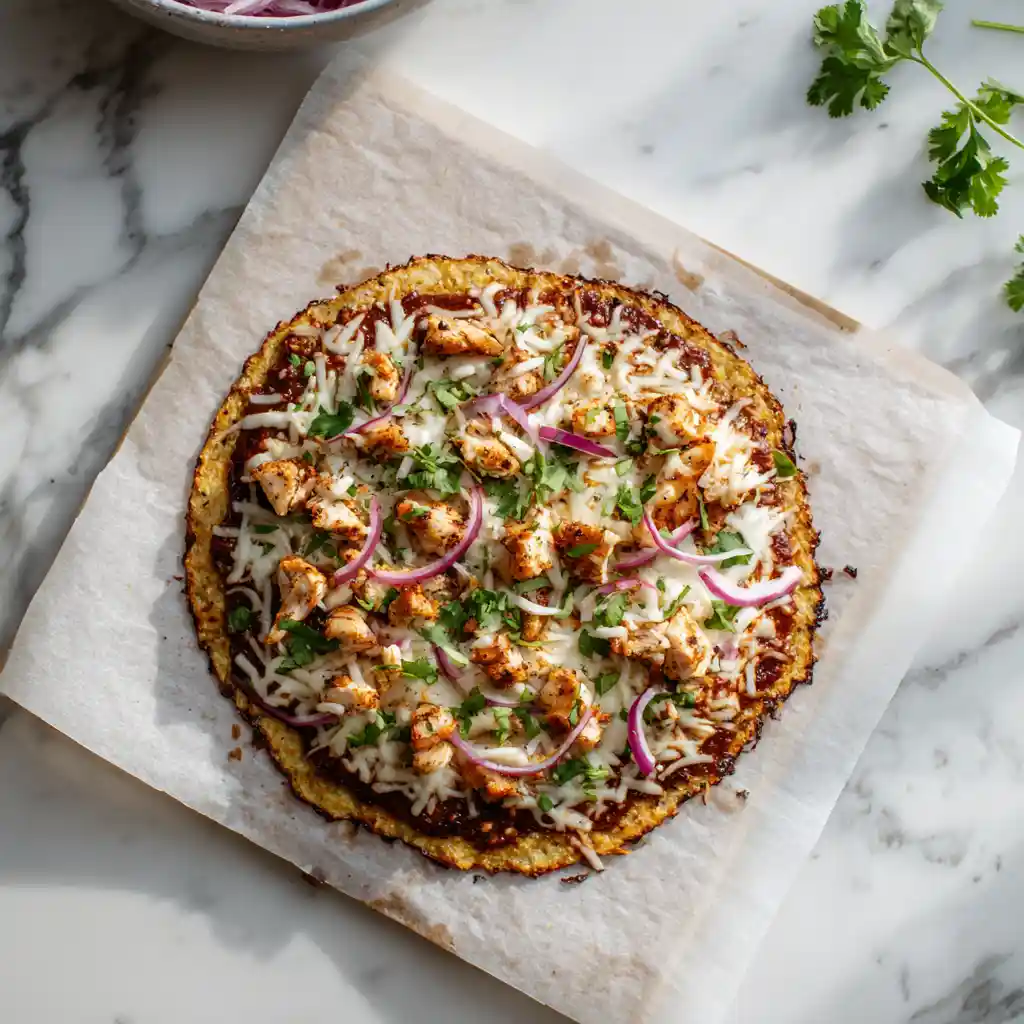 Assembling BBQ Chicken Pizza on Cauliflower Crust with toppings