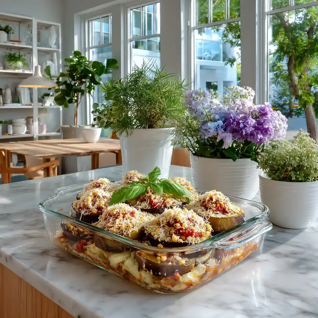 Layering baked eggplant with marinara sauce and vegan cheese in a baking dish